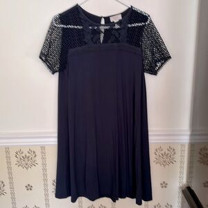 Loft Navy Blue Dress Eyelet Neckline and Short Sleeves S Sheath Shift Knee Midi